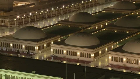 Pan across domes atop Prophet's Mosque, Medina, overhead view Video stock 86760372