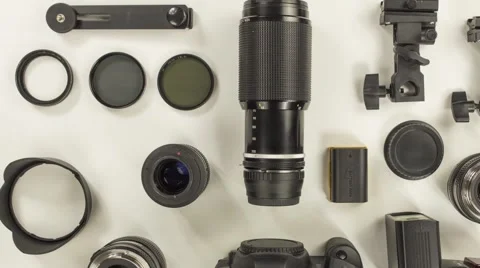 A pan across DSLR camera gear Stock Footage 59713378