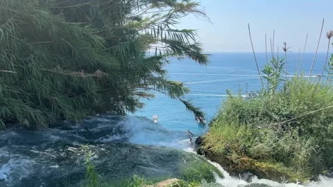 Pan Across Duden River From Waterfall Edge Toward Upstream Landscape Stock Footage 344038113