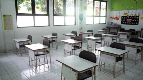 Pan Across Empty Classroom In Kindergarten - Chairs And Desks Stock Footage 149763232
