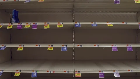 Pan Across Empty Grocery Store Shelves During 2020 Coronavirus Pandemic Stock Footage 127012086