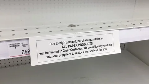 Pan across empty store shelves with limit signs during the COVID-19 pandemic in Stock Footage 127792696
