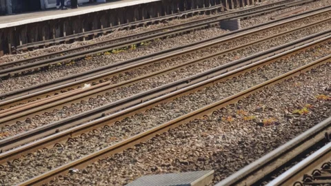 Pan Across Empty Train Tracks at Station. Video stock 333547527