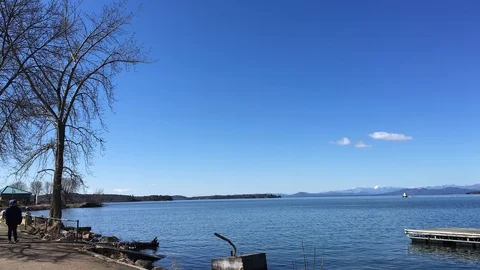 Pan Across Lake Champlain and New York's Adirondack Mountains in Background Stock Footage 89301736