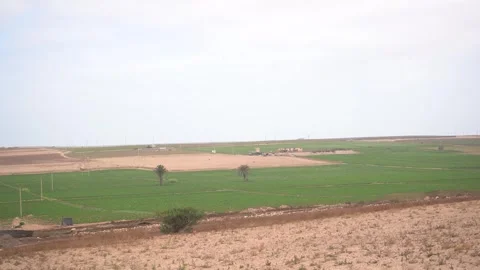 Pan Across Moroccan Desert and Green Irrigated Fields Stock Footage 334181111