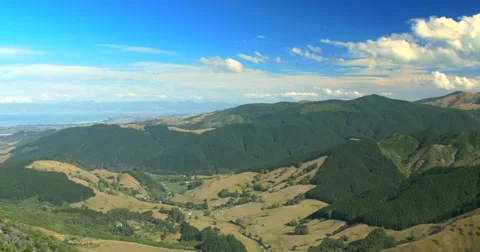 Pan across New Zealand landscape towards Abel Tasman, Nelson and Motueka Stock Footage 63320249