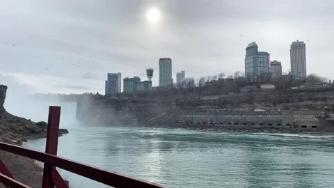 Pan Across Niagara River with View of Downtown Niagara Falls, Canada Stock Footage 270194067