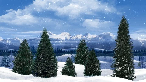 Pan Across Pine Trees and Snow Capped Mountains in the Snow 4K Stock Footage 95731922