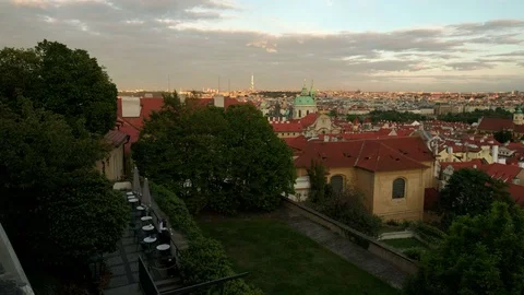 Pan across Prague Skyline at sunset Stock Footage 80905010