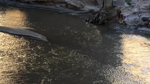 Pan across river flowing under a bridge. Stock-Footage 45181053