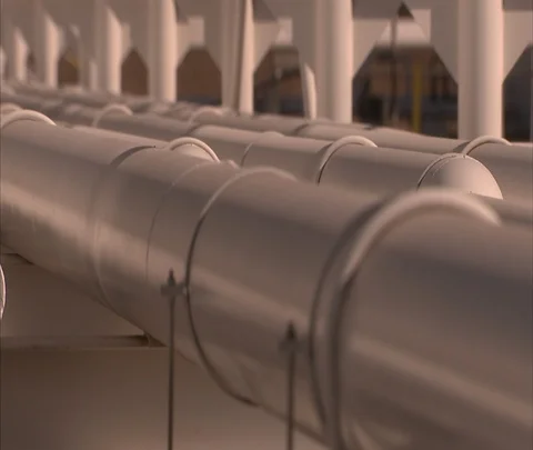 Pan across rows of pipes at refinery Stock Footage 86748201