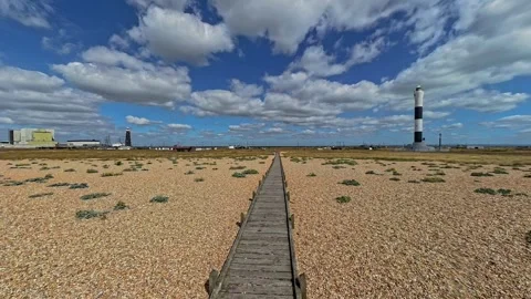 Pan across the shingle beach in Dungeness on the Kent coast Stock-Footage 281483578