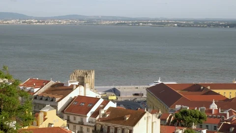 Pan across the Tagus River to Praca Commercial Stock Footage 119055147