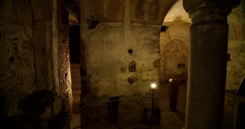 Pan Across Underground Crypt of San Giovanni Domnarum Church in Pavia, Italy Stock Footage 204078863