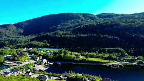 Pan Aerial 4K drone flight view Norway-Fotlandsvag Sognfjord-Osteroy Stock Footage 200894609