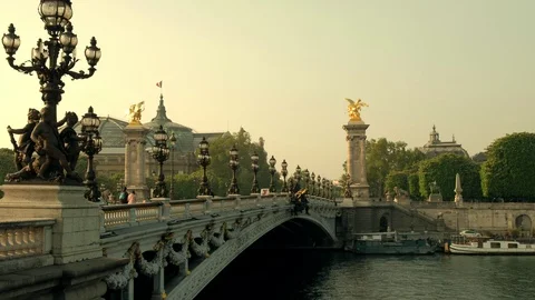 Pan from Alexandre III Bridge to river boat in Paris Stock Footage 112640272