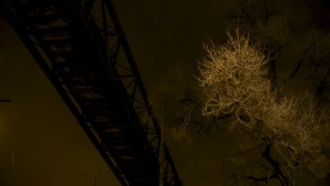 Pan along underside of bridge with barren tree and street lamp against night sky Stock Footage 89945483
