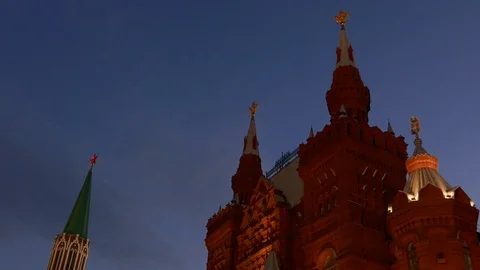Pan and tilt in Kremlin red square of Moscow Russia at night Stock Footage 99257370