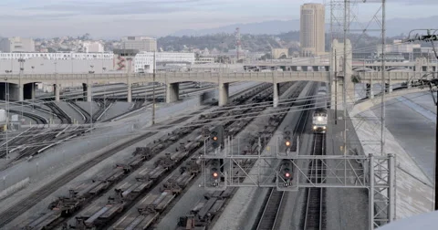 Pan from approaching train to Downtown Los Angeles 4K Stock Footage 58558807