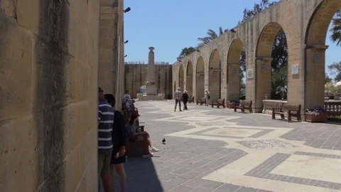 Pan of arches in Upper Barracca Gardens, Valletta Stock Footage 85726826