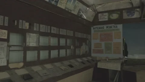 Pan around a training room at the Duga-1 in Chernobyl Stock Footage 143762589