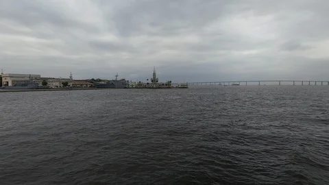 Pan. Arrival by ferry to Rio de Janeiro. Fiscal Island on the horizon. Stock Footage 126247674