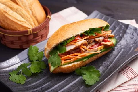 Pan-Asian dish setup on the dark table Stock Photos