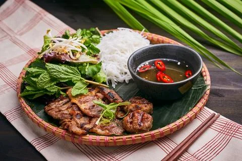 Pan-Asian dish setup on the dark table Stock Photos