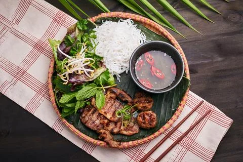 Pan-Asian dish setup on the dark table Stock Photos