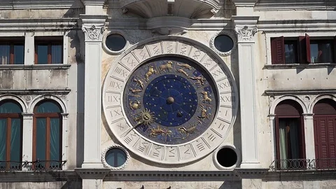 Pan up of the Astrological Clock, St Marks Square, Venice, Italy Stock Footage 83294988