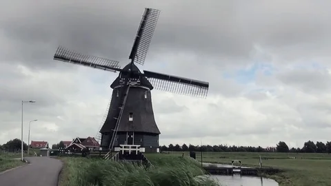  Pan away of the windmill of Volendam. Stock Footage 85394512