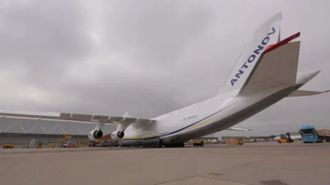 Pan backsite antonov heavy cargo airlift plane Stock Footage 248033919