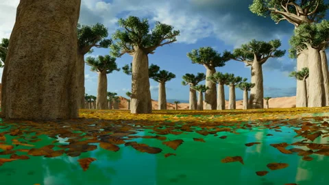 Pan of baobab trees on a beautiful day Stock Footage 145143295