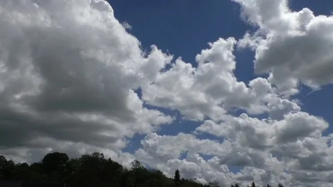 Pan: Beautiful clouds, type altocumulus castellanus, blue sky, flying jet, trees Stock Footage 76774075