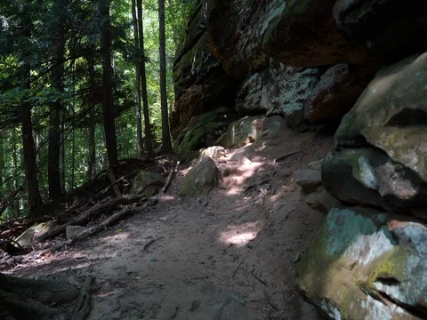 Pan up at beautiful large rock formation at Cleveland Ledges in Cuyahoga Valley Stock Footage 82706955