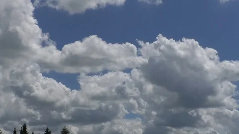 Pan: Beautifully shaped clouds (altocumulus castellanus), blue sky, forest Video stock 76774156