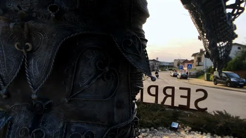 Pan Behind King Manuel I Statue Revealing SERPINS Letters – Lousã Stock-Footage 335034483