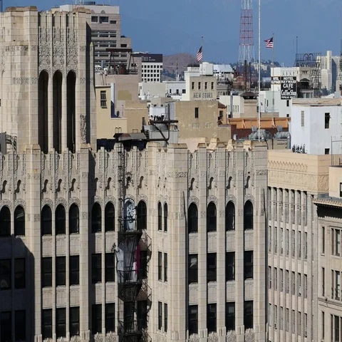 Pan of Building Rooftops in Downtown Los Angeles Stock Footage 69354274