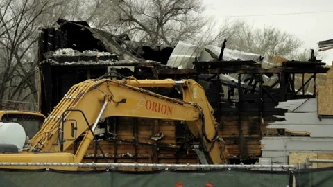 Pan of burned building Stock Footage 234084657