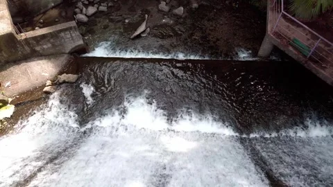 Pan up of cascading stream and stone structure at Parque Chapultepec, Morelos 스톡 동영상 310601386