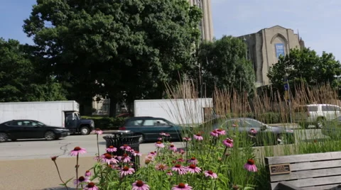Pan up to the Cathedral of Learning in Pittsburgh Stock Footage 64894483