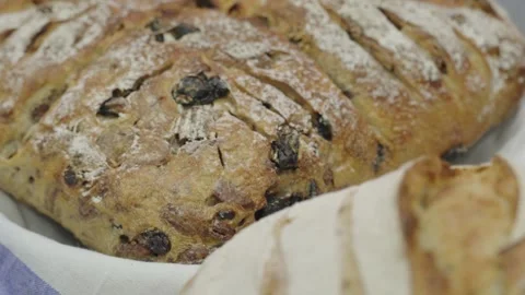 Pan close up shot of fresh baked bread loafs. Bakery concept. Stock Footage 304317585