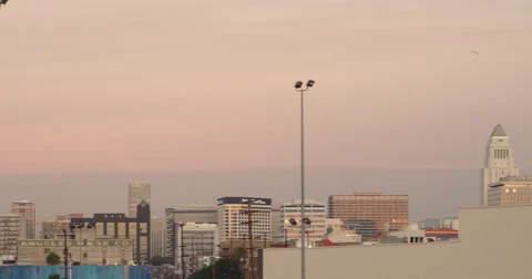 Pan to close view of Downtown Los Angeles in early morning light 4K Stock Footage 58558452