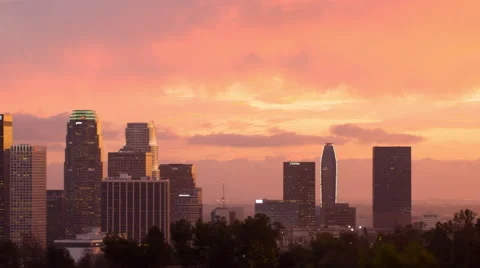 Pan to close view of Los Angeles skyline at sunset 4K Stock Footage 44106848