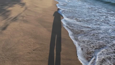 Pan from coastal greenery through human shadow on sandy shore to sea reveals 動画素材 330956426