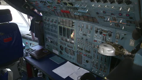 Pan cockpit interior antonov heavy cargo airlift plane Stock Footage 248034027