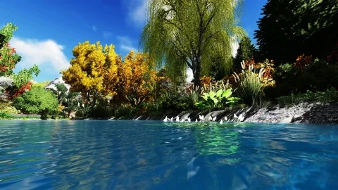 Pan of colorful trees on the river Stock Footage 86232041