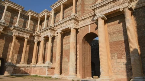 Pan up the columns of the Bath Gymnasium complex, Sardis, Turkey Stock Footage 104647603