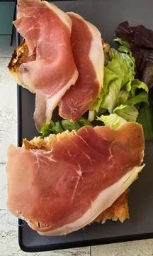Pan con Tomate with Serrano Ham and Lettuce, Close-Up Shot Stock Photos