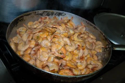 Pan with cooked shrimp Stock Photos
